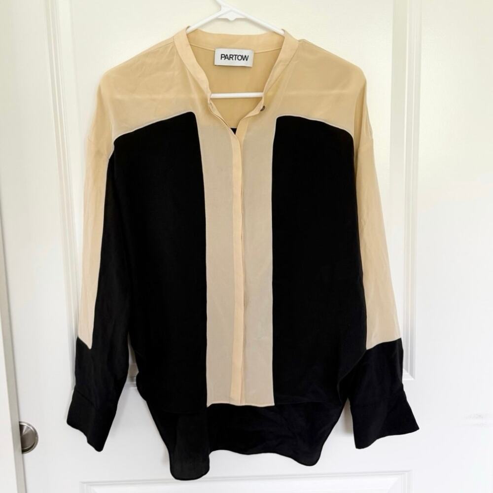 PARTOW Silk Button Down Two Tone Blouse Luxury Career Classic Cream Black 4